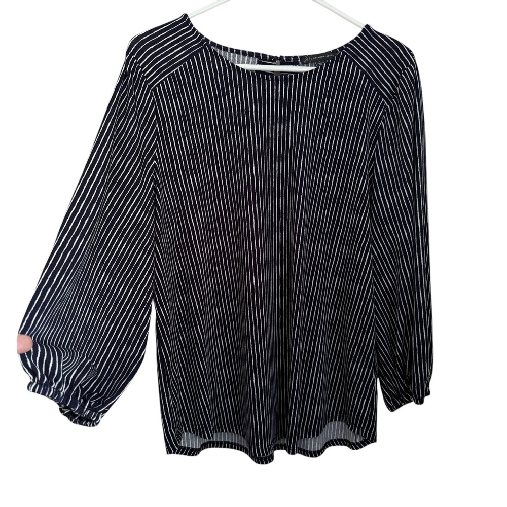 Adrianna Papell Striped Top L Blue White Bell Sleeve Stretch Coastal French Girl